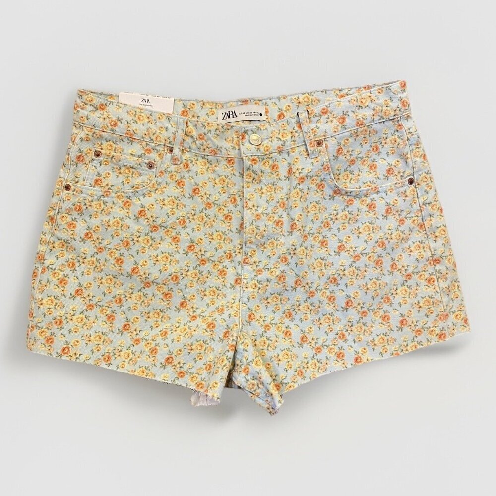 NWT Zara Womens The 90's Shorts Flower Print Cut-Off Cotton Denim Floral Size 10